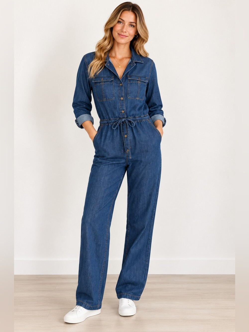 Denim Drawstring Jumpsuit - Blue